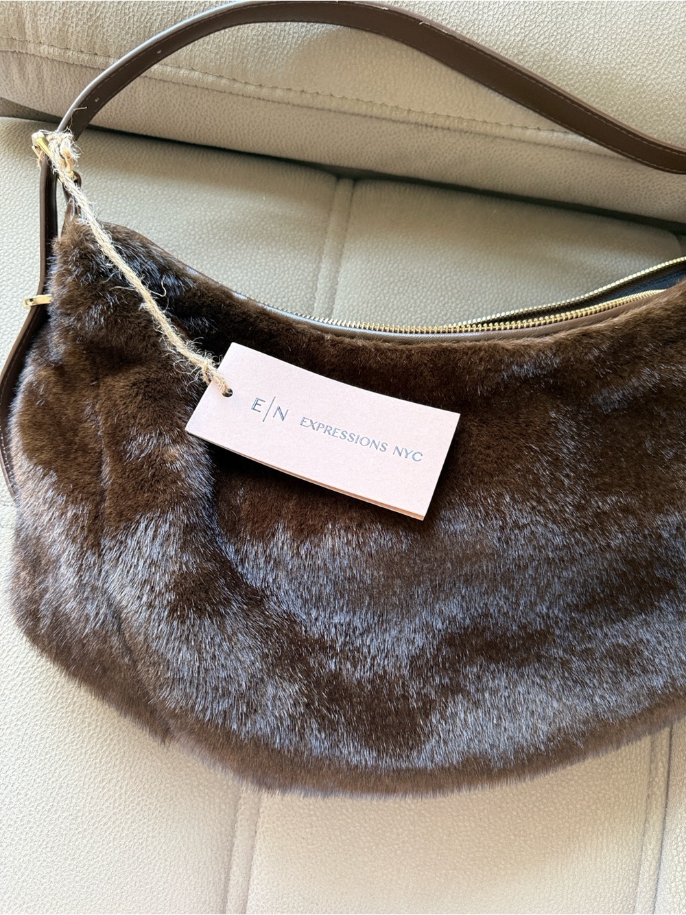 Expressions Chocolate Brown Faux Fur Shoulder Bag with Gold Hardware